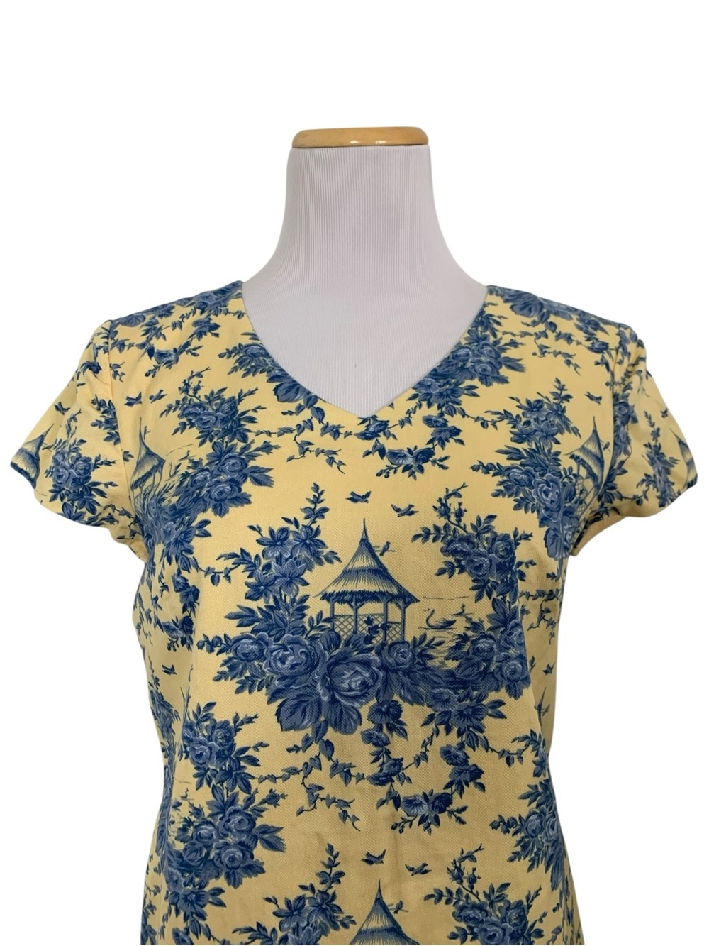 Vintage Talbots Toile De Jouy Shift Dress Yellow Blue Floral Tea Short Sleeve